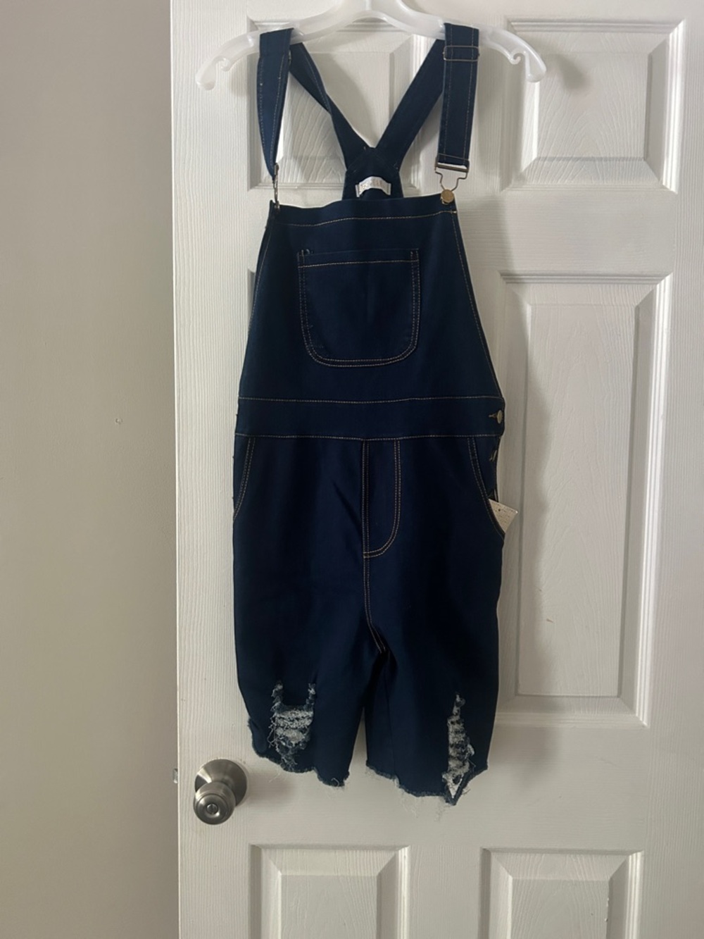 Women’s Dark Navy Denim Overall Shorts with Distressed Hem